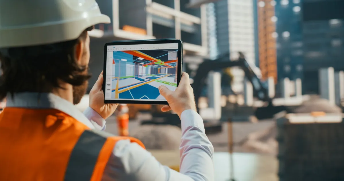 Industrial Engineer Inspecting a Residential Construction Spot with a Virtual Reality App with a Virtualization of the Building's Interior